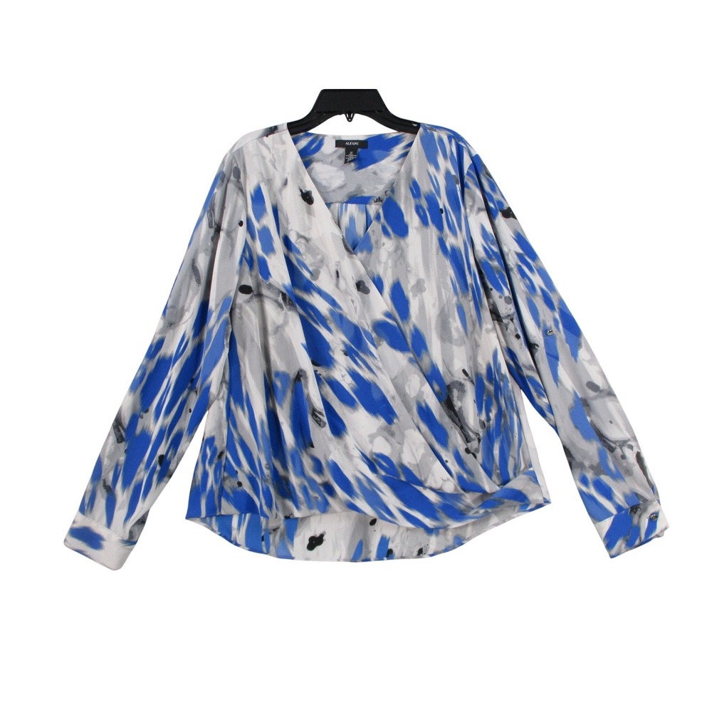 Alfani Womens Blue White Abstract Print Faux Wrap V-Neck Blouse Top Size 12